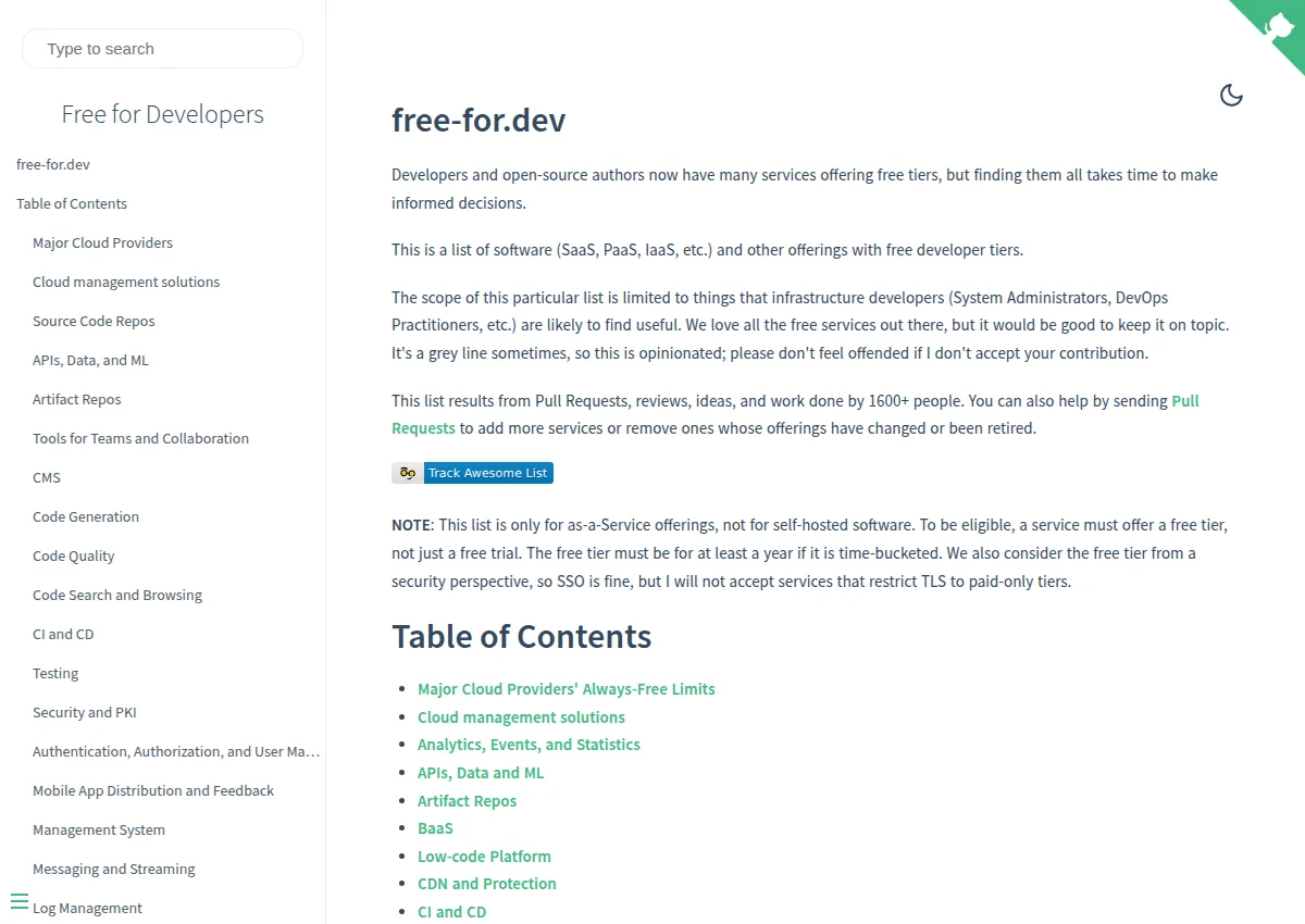Preview of free-for.dev